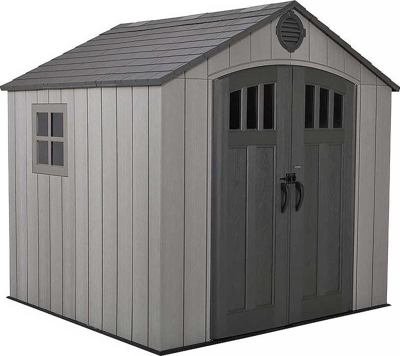 Пластиковый сарай (хозблок) WOODLOOK 8x7,5 60299 габариты 223,6 х 238,7 см с двускатной крышей для дачи или загородного дома