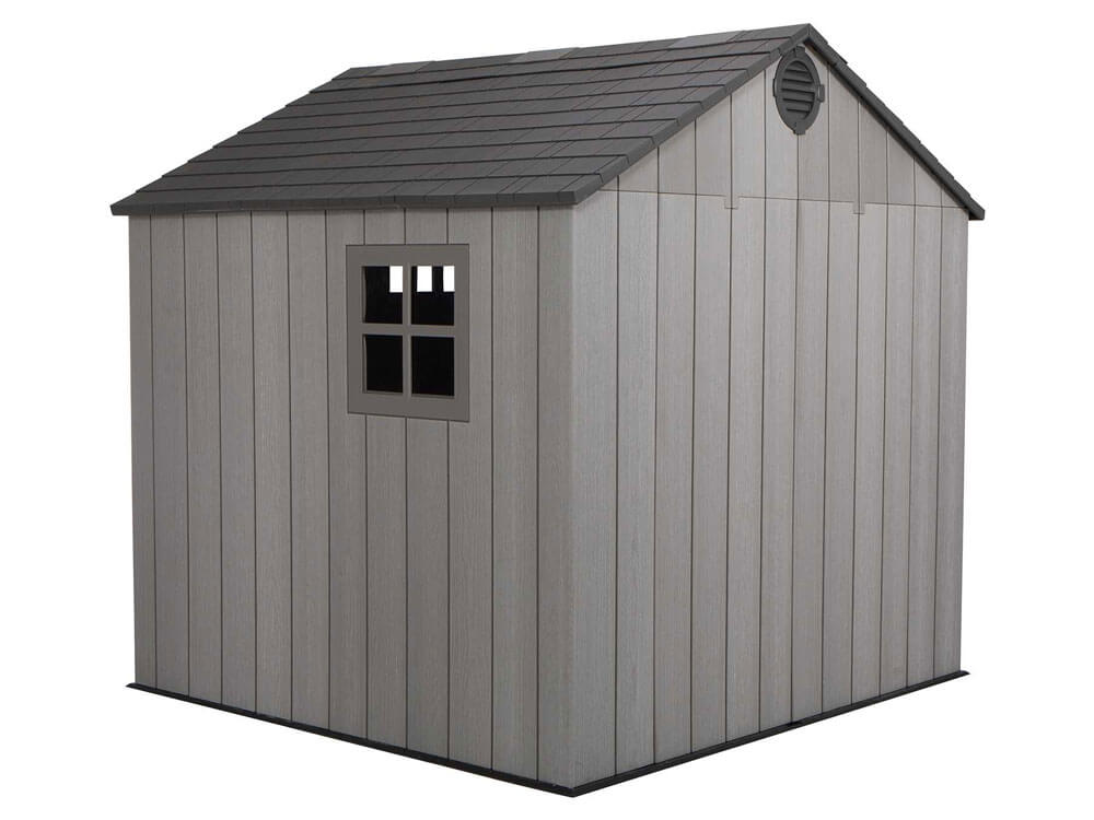 Пластиковый сарай (хозблок) WOODLOOK 8x7,5 60299 габариты 223,6 х 238,7 см с двускатной крышей для дачи или загородного дома