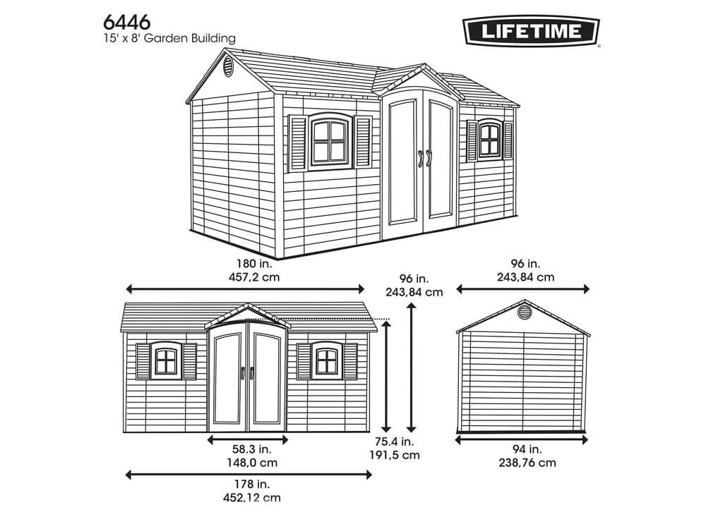 Сарай (хозблок) пластиковый LifeTime 15x8 DD 60079 габариты 239 х 452 см с двускатной крышей для дачи или загородного дома