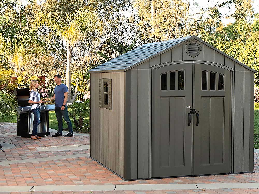 Пластиковый сарай (хозблок) WOODLOOK 8x7,5 60299 габариты 223,6 х 238,7 см с двускатной крышей для дачи или загородного дома