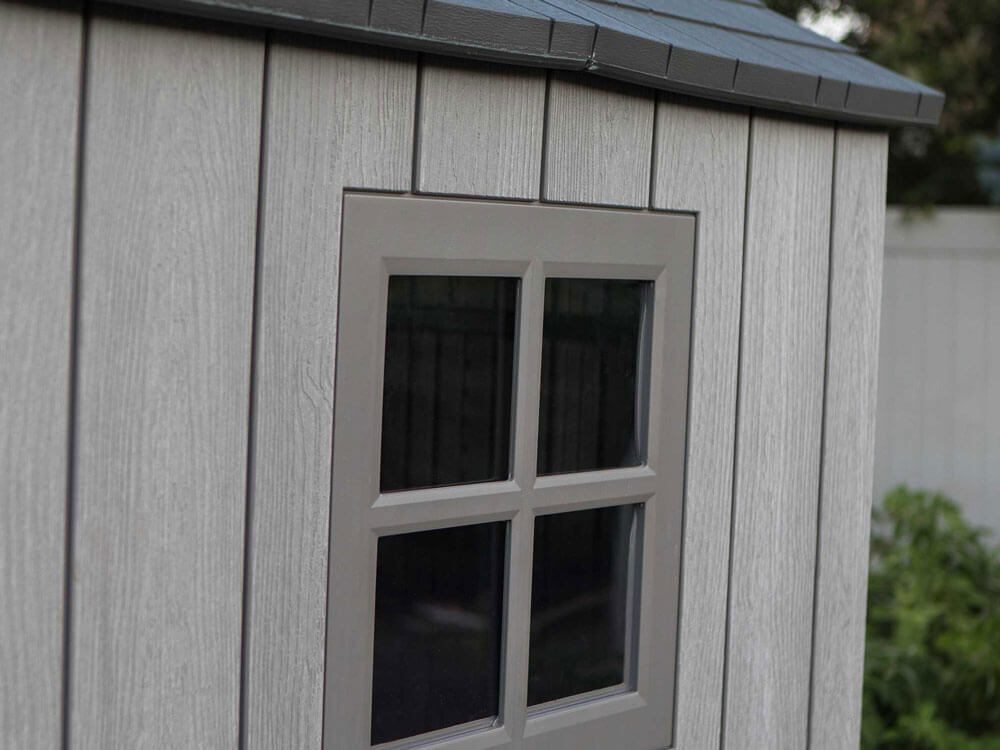 Пластиковый сарай (хозблок) WOODLOOK 8x7,5 60299 габариты 223,6 х 238,7 см с двускатной крышей для дачи или загородного дома